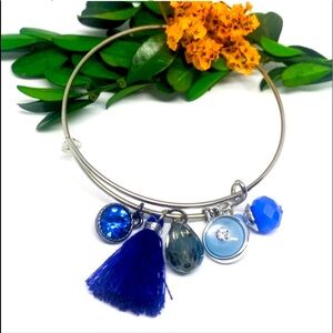 New Handmade S925 Sterling Silver Blue Tassel Opalite Charm Bracelet Bangle